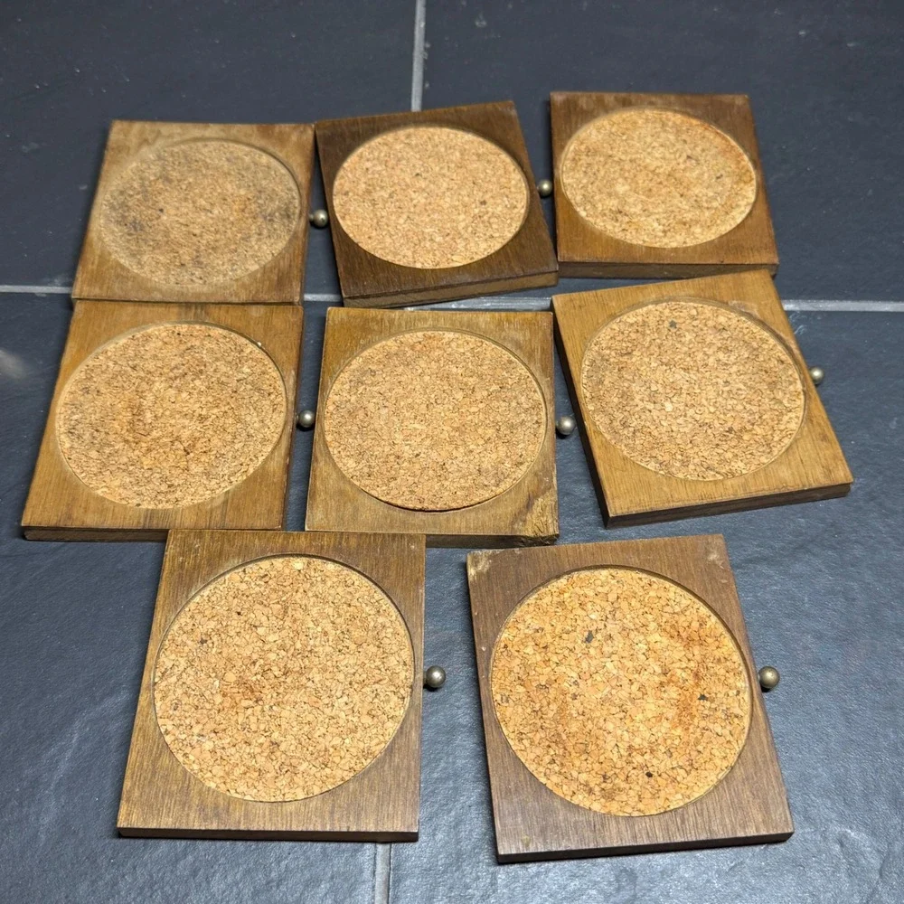 Vintage Wood Brass Campaign Style Coaster Set 8 Piece Miniature Trunk Chest MCM